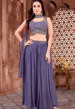 Embroidered Art Silk Crop Top Set in Purple
