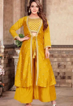 Embroidered Art Silk Crop Top Set in Mustard