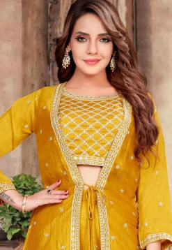 Embroidered Art Silk Crop Top Set in Mustard