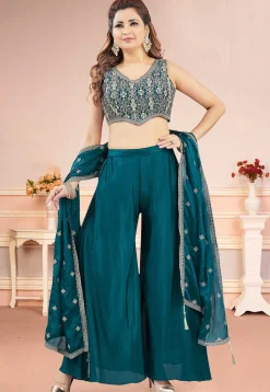 Embroidered Art Silk Crop Top Set in Teal Blue