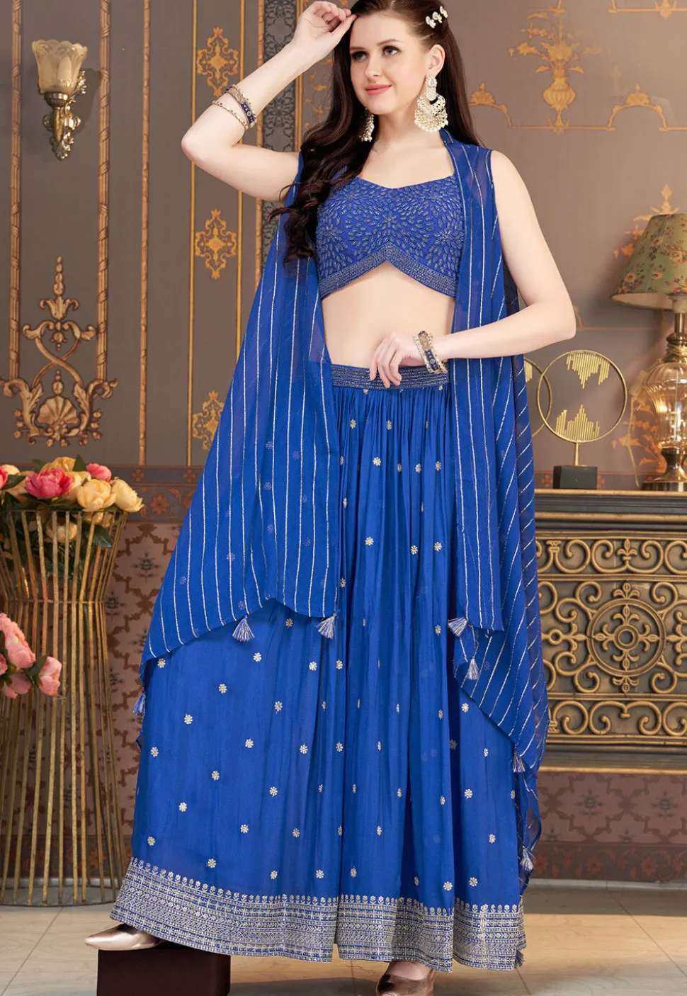 Embroidered Art Silk Crop Top Set in Blue