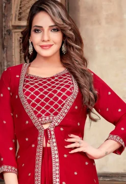 Embroidered Art Silk Crop Top Set in Red