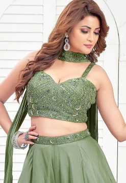 Embroidered Art Silk Crop Top Set in Green