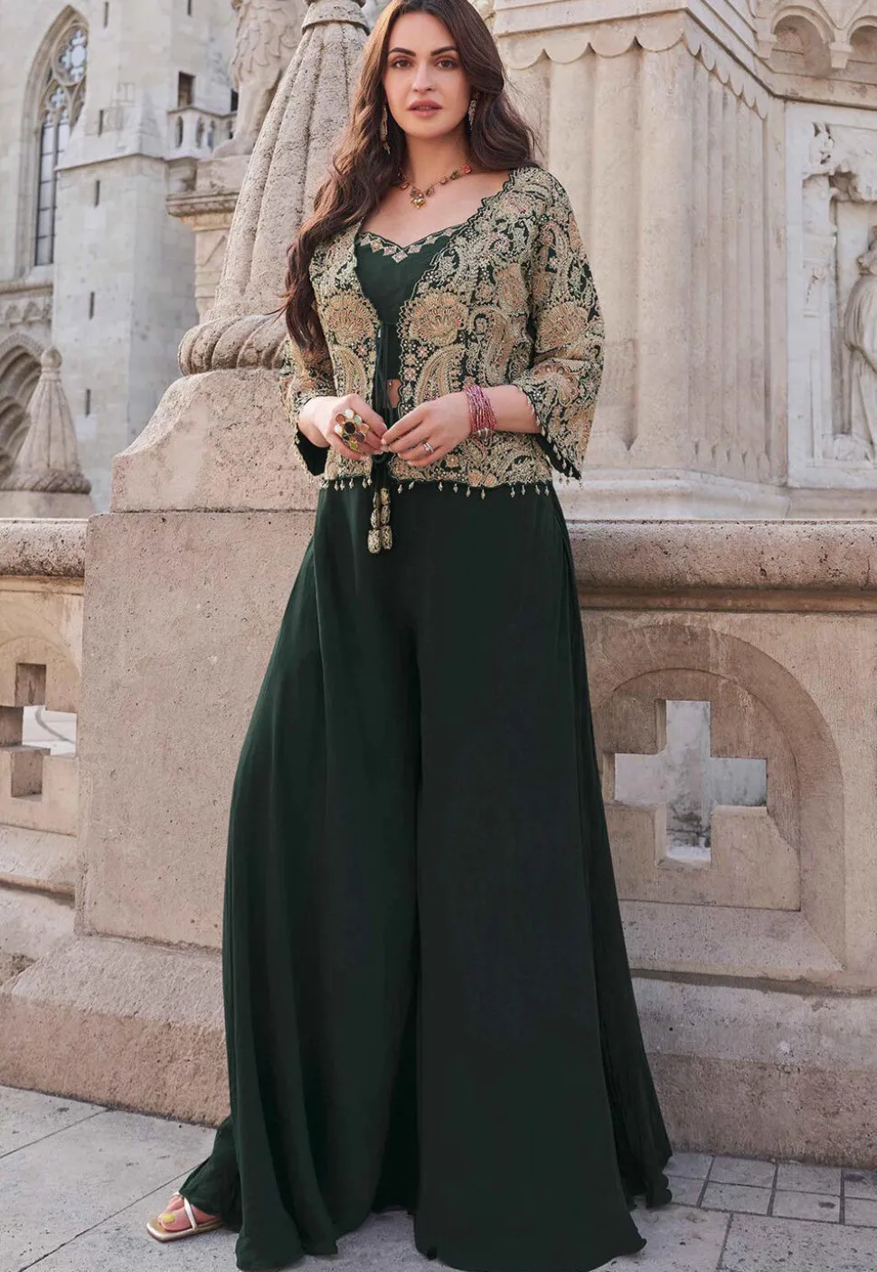 Embroidered Art Silk Crop Top Set in Dark Green
