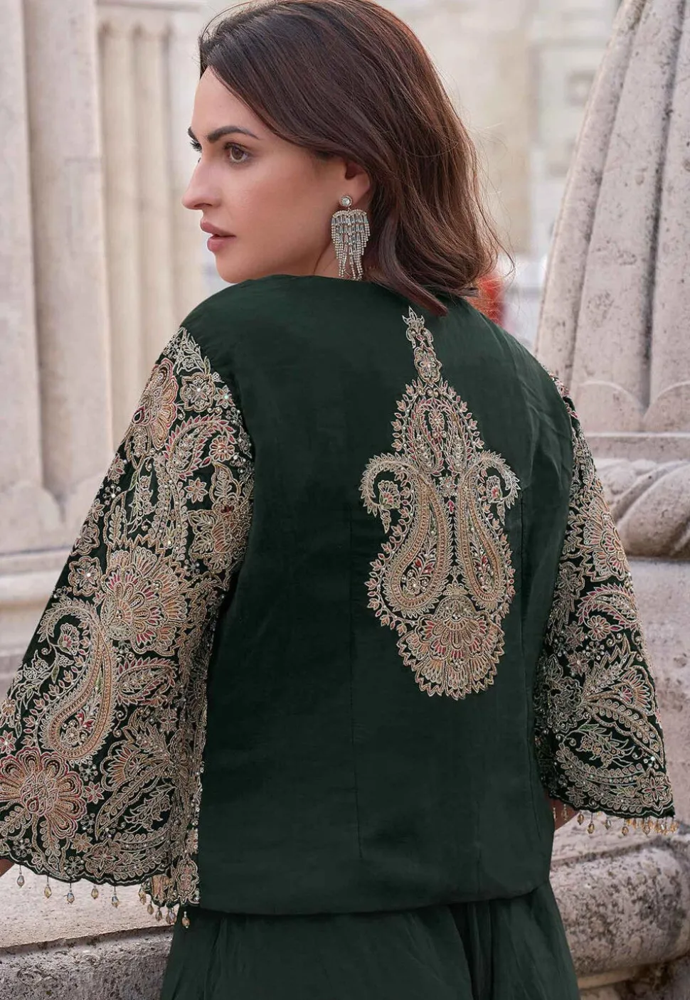 Embroidered Art Silk Crop Top Set in Dark Green