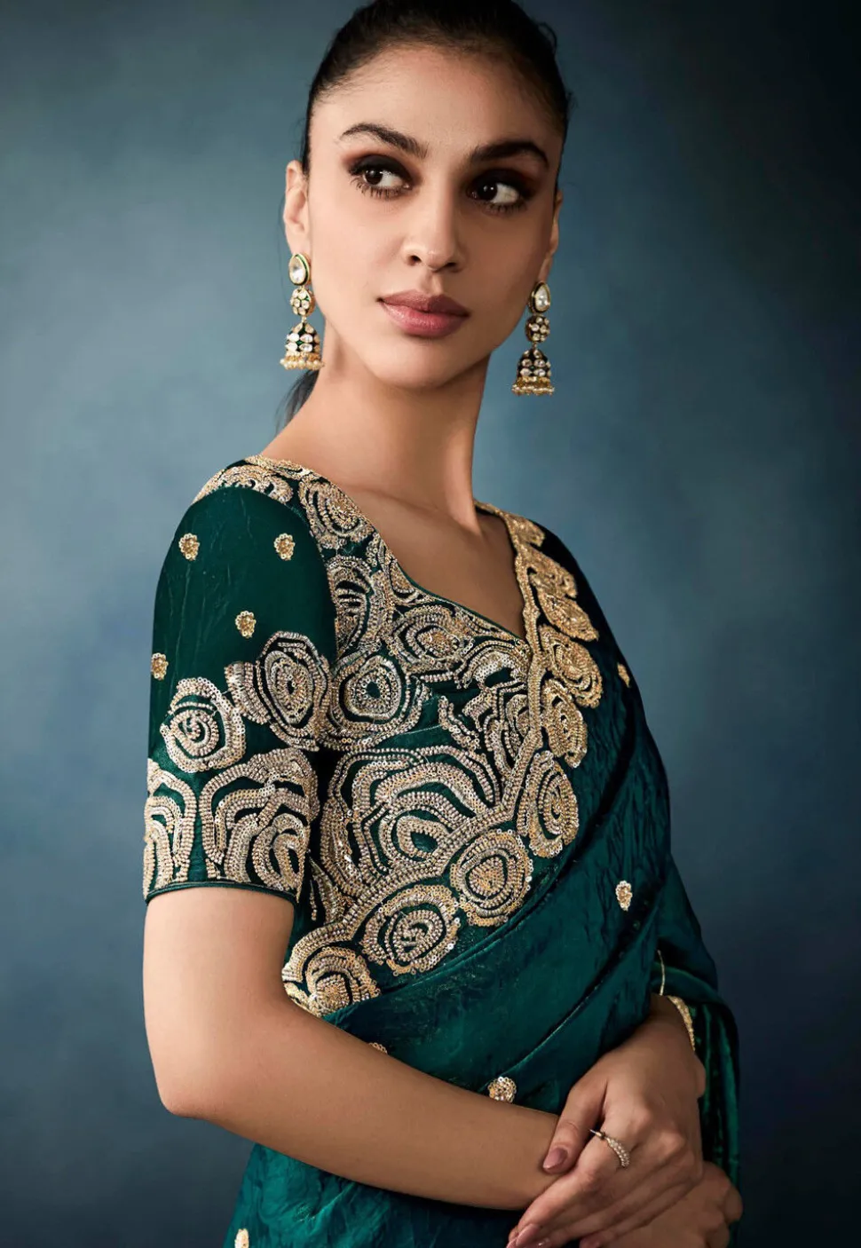 Embroidered Art Silk Crushed Scalloped Saree in Teal Green