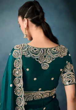 Embroidered Art Silk Crushed Scalloped Saree in Teal Green
