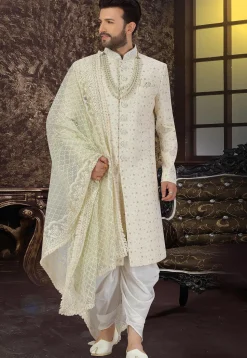 Embroidered Art Silk Dhoti Sherwani in Cream
