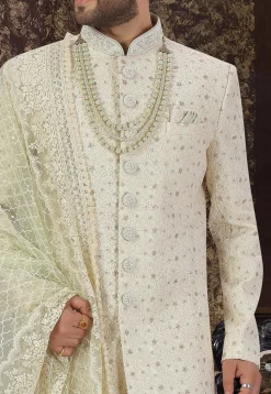 Embroidered Art Silk Dhoti Sherwani in Cream