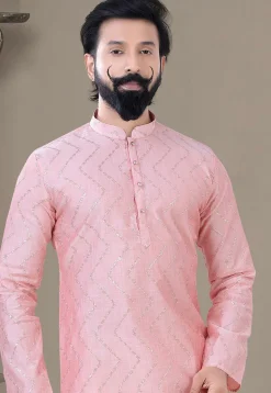 Embroidered Art Silk Dhoti Kurta in Pink