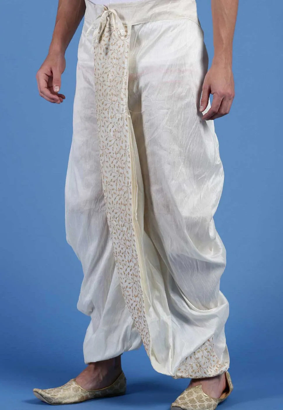 Embroidered Art Silk Dhoti Pant in Cream