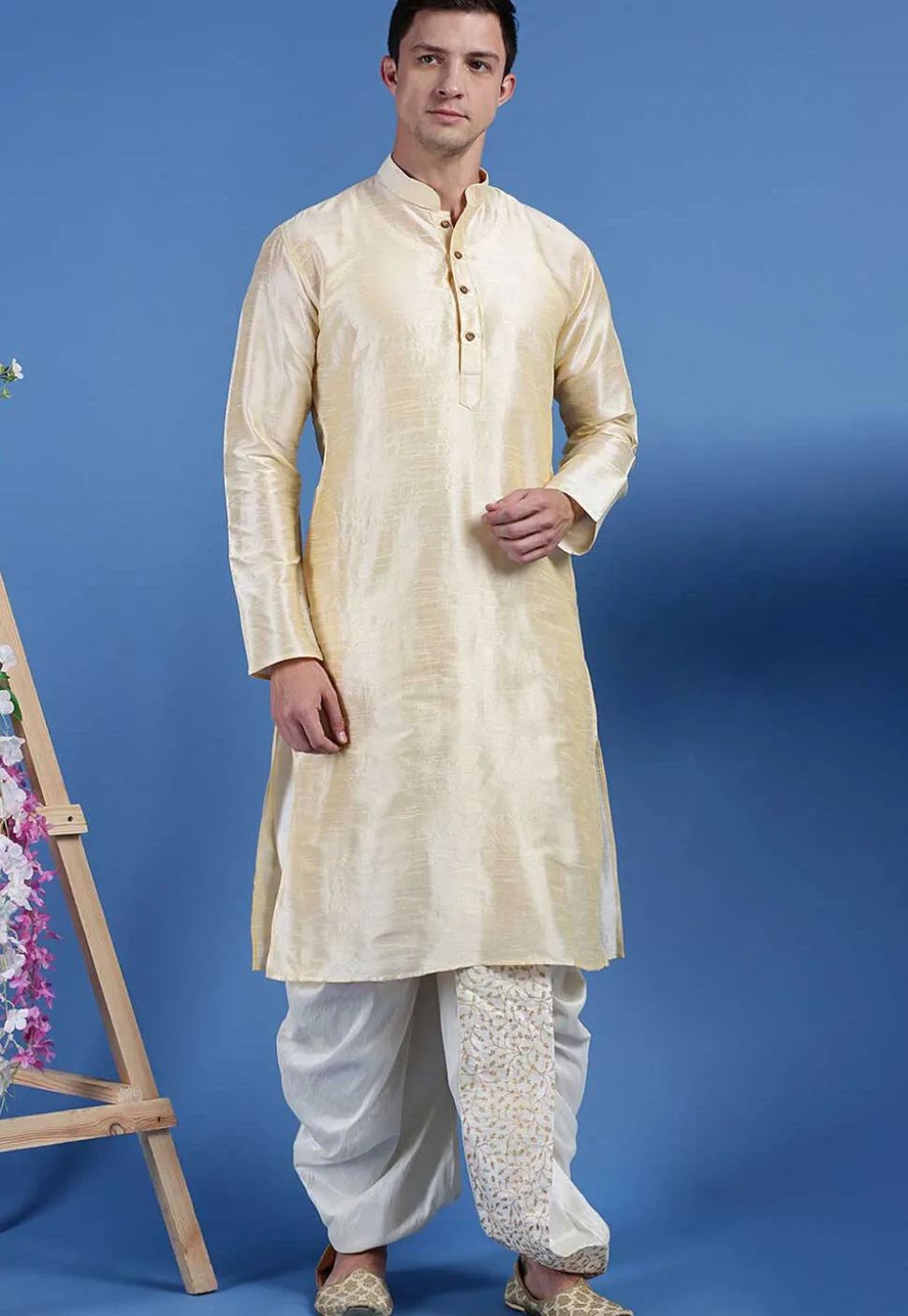 Embroidered Art Silk Dhoti Pant in Cream
