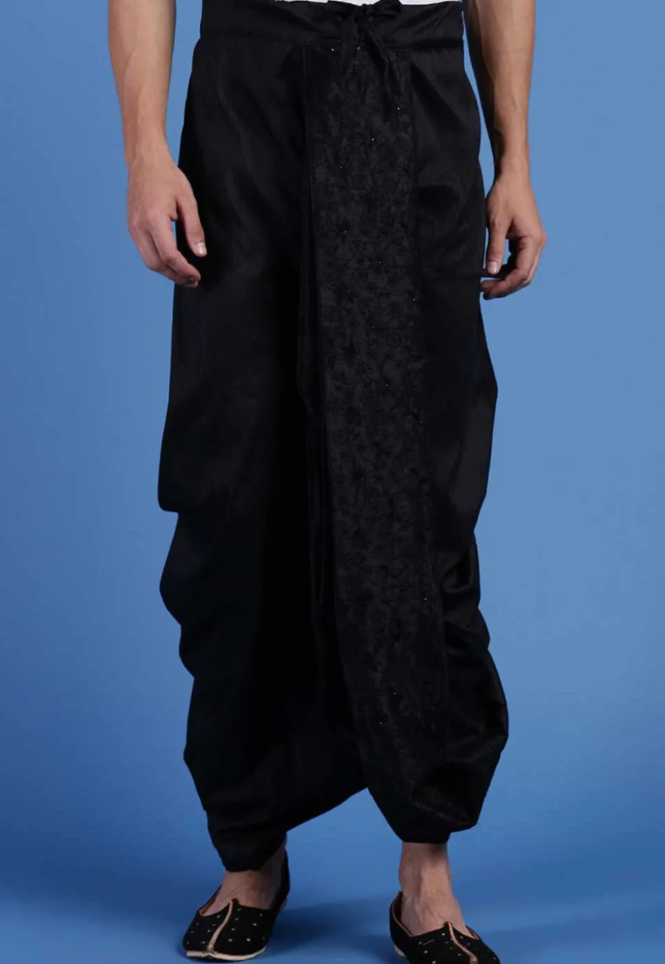 Embroidered Art Silk Dhoti Pant in Black