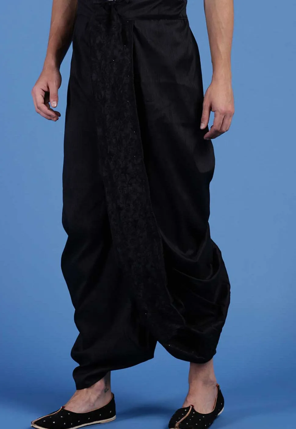 Embroidered Art Silk Dhoti Pant in Black