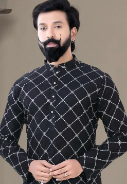 Embroidered Art Silk Dhoti Kurta in Black