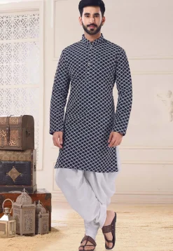 Embroidered Art Silk Dhoti Kurta in Navy Blue