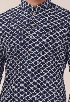 Embroidered Art Silk Dhoti Kurta in Navy Blue