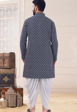 Embroidered Art Silk Dhoti Kurta in Navy Blue