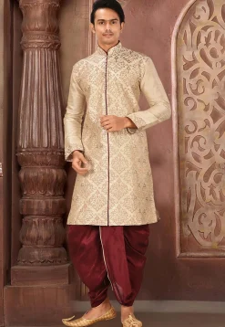 Embroidered Art Silk Dhoti Kurta in Beige