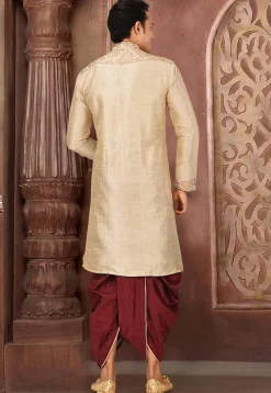 Embroidered Art Silk Dhoti Kurta in Beige