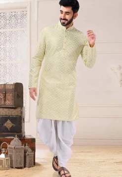 Embroidered Art Silk Dhoti Kurta in Yellow