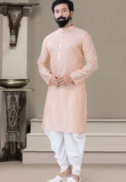 Embroidered Art Silk Dhoti Kurta in Peach