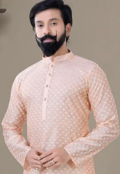 Embroidered Art Silk Dhoti Kurta in Peach