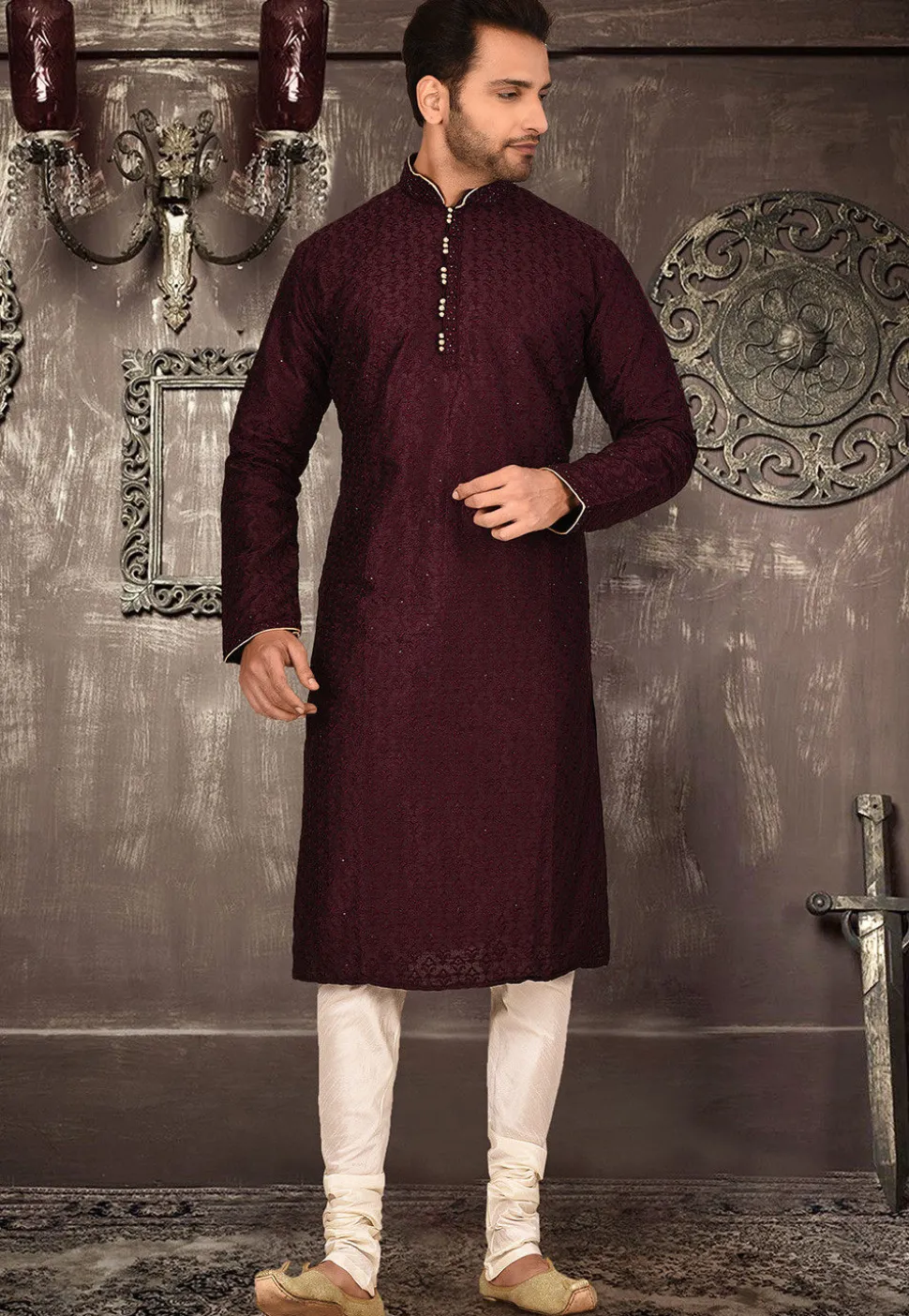 Embroidered Art Silk Dhoti Kurta in Dark Maroon