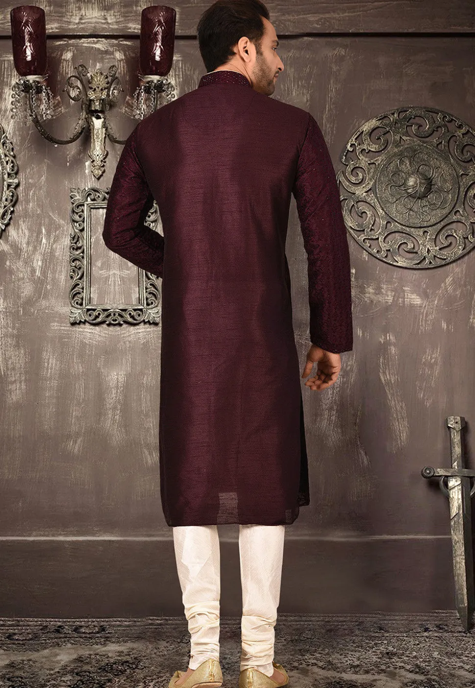 Embroidered Art Silk Dhoti Kurta in Dark Maroon