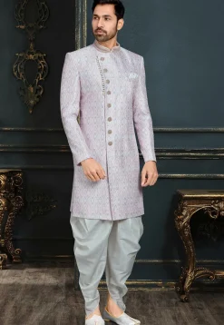 Embroidered Art Silk Dhoti Sherwani in Light Purple