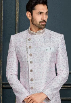 Embroidered Art Silk Dhoti Sherwani in Light Purple