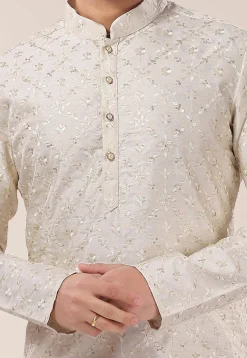 Embroidered Art Silk Dhoti Kurta in Cream