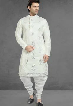 Embroidered Art Silk Dhoti Kurta in Off White