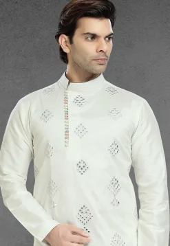 Embroidered Art Silk Dhoti Kurta in Off White