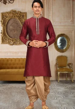 Embroidered Art Silk Dhoti Kurta in Maroon