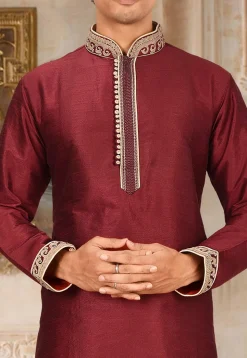 Embroidered Art Silk Dhoti Kurta in Maroon