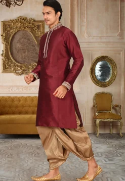 Embroidered Art Silk Dhoti Kurta in Maroon