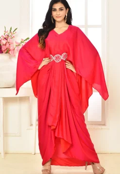 Embroidered Art Silk Draped Gown in Fuchsia