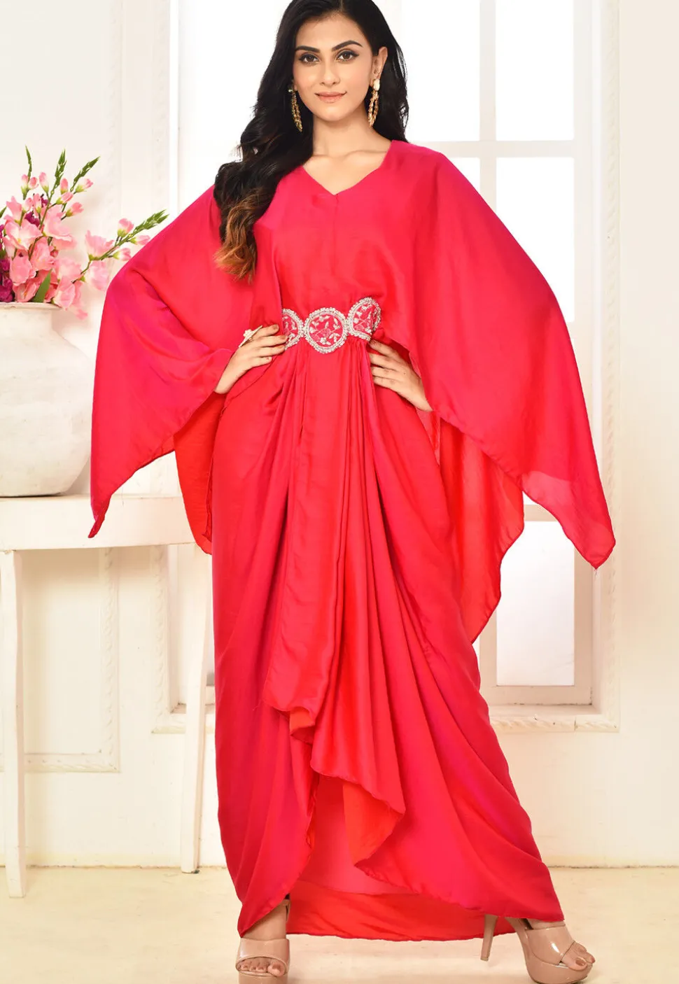 Embroidered Art Silk Draped Gown in Fuchsia