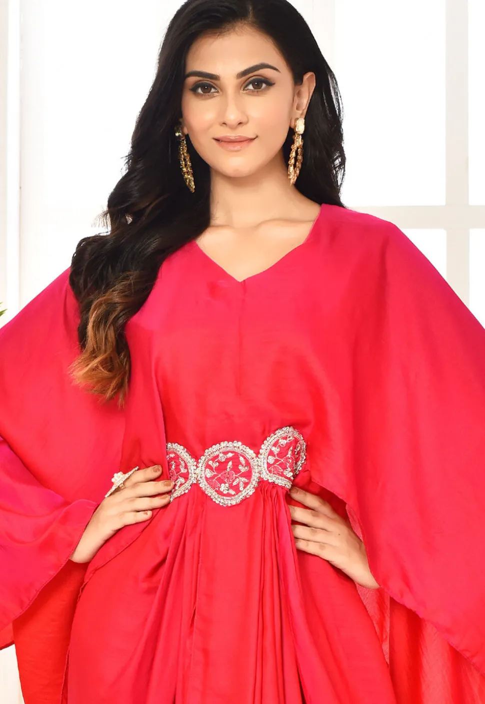 Embroidered Art Silk Draped Gown in Fuchsia