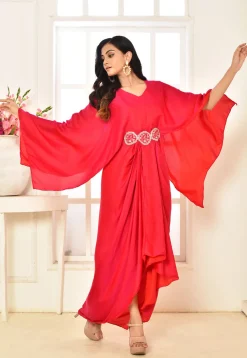 Embroidered Art Silk Draped Gown in Fuchsia