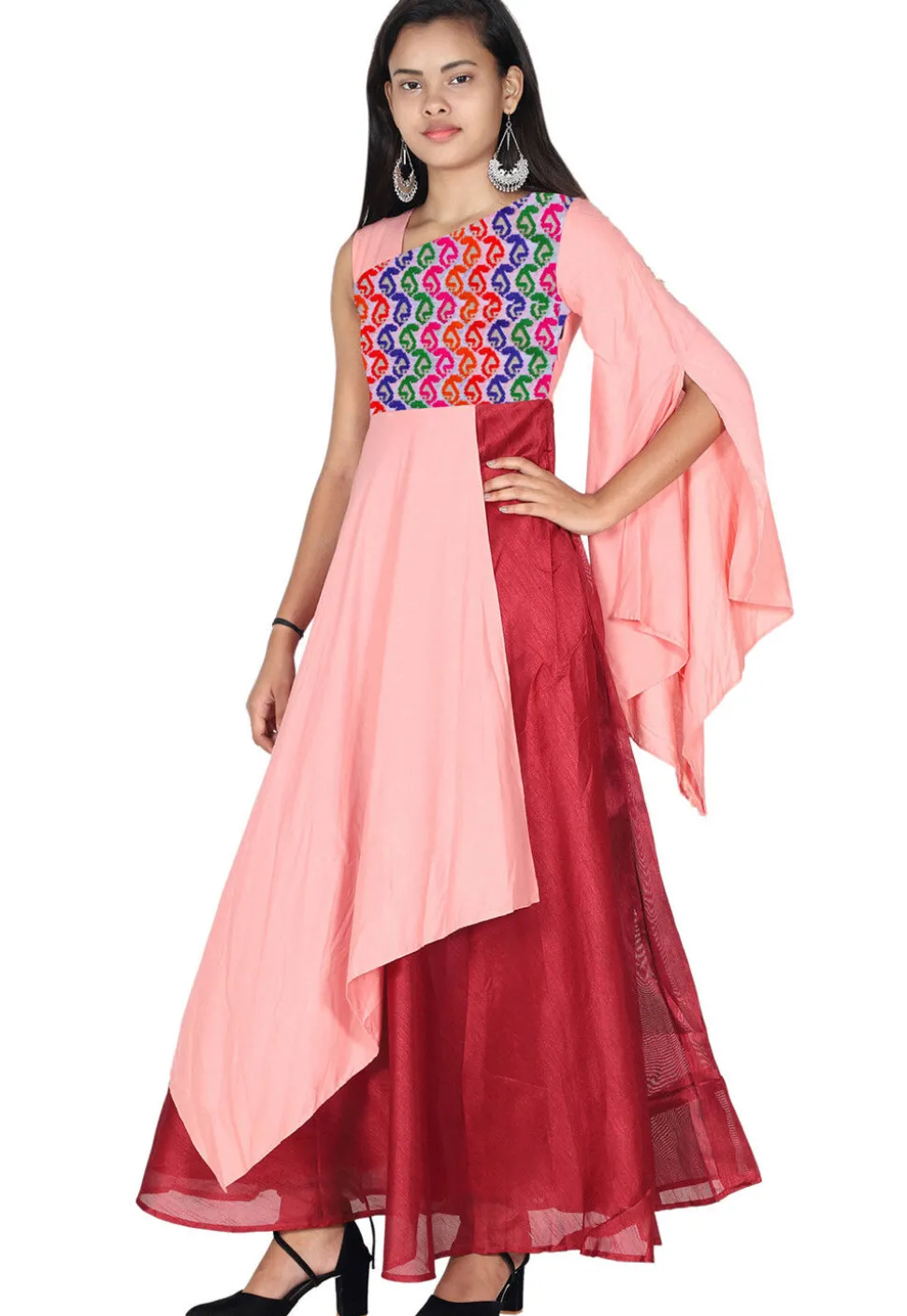 Embroidered Art Silk Dress in Pink and Maroon