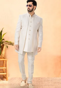 Embroidered Art Silk Front Open Kurta Set in Off White