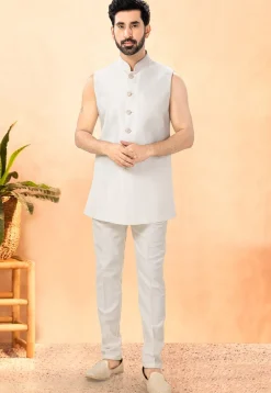 Embroidered Art Silk Front Open Kurta Set in Off White