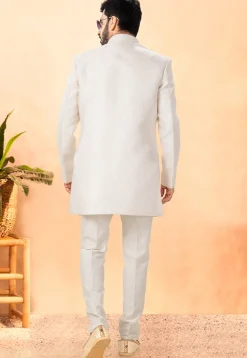 Embroidered Art Silk Front Open Kurta Set in Off White