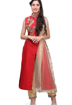 Embroidered Art Silk Front Slit Pakistani Suit in Red
