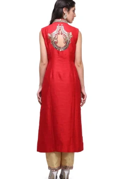 Embroidered Art Silk Front Slit Pakistani Suit in Red