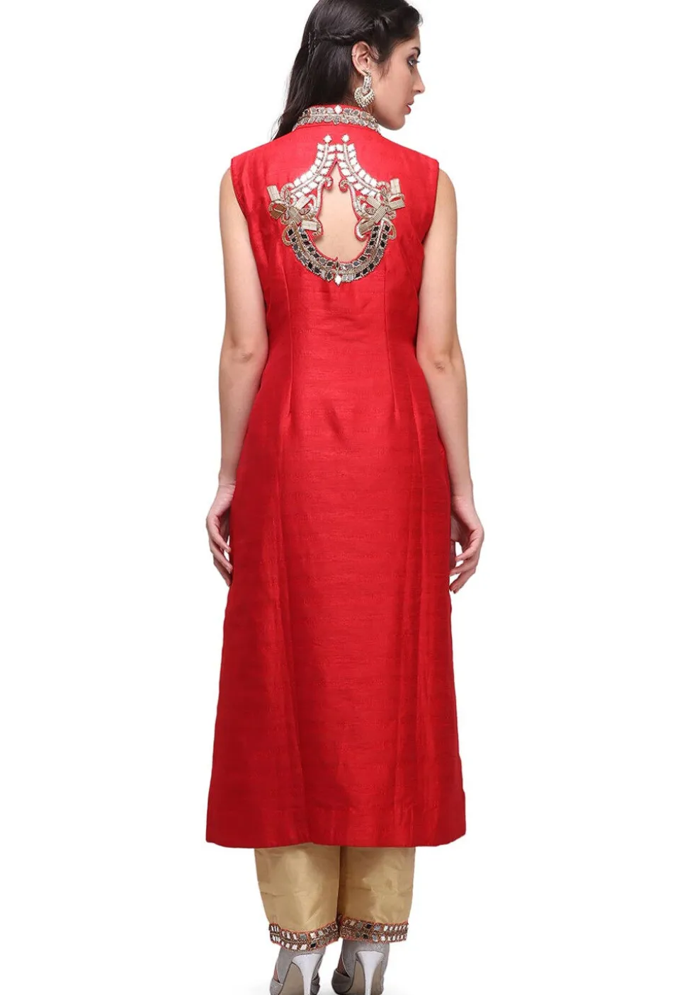 Embroidered Art Silk Front Slit Pakistani Suit in Red