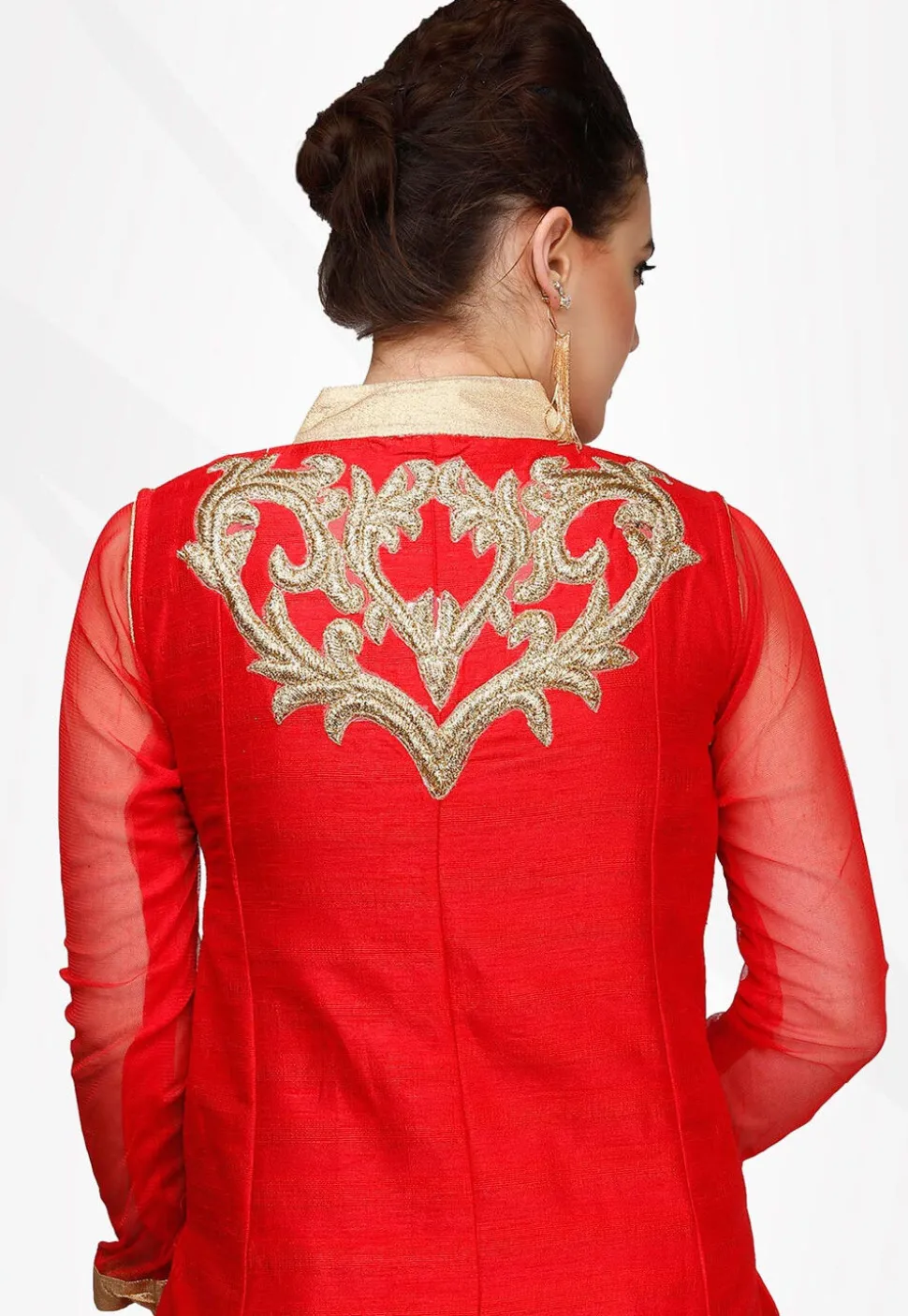 Embroidered Art Silk Front Slit Pakistani Suit in Red