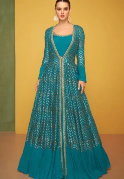 Embroidered Art Silk Gown in Teal Blue